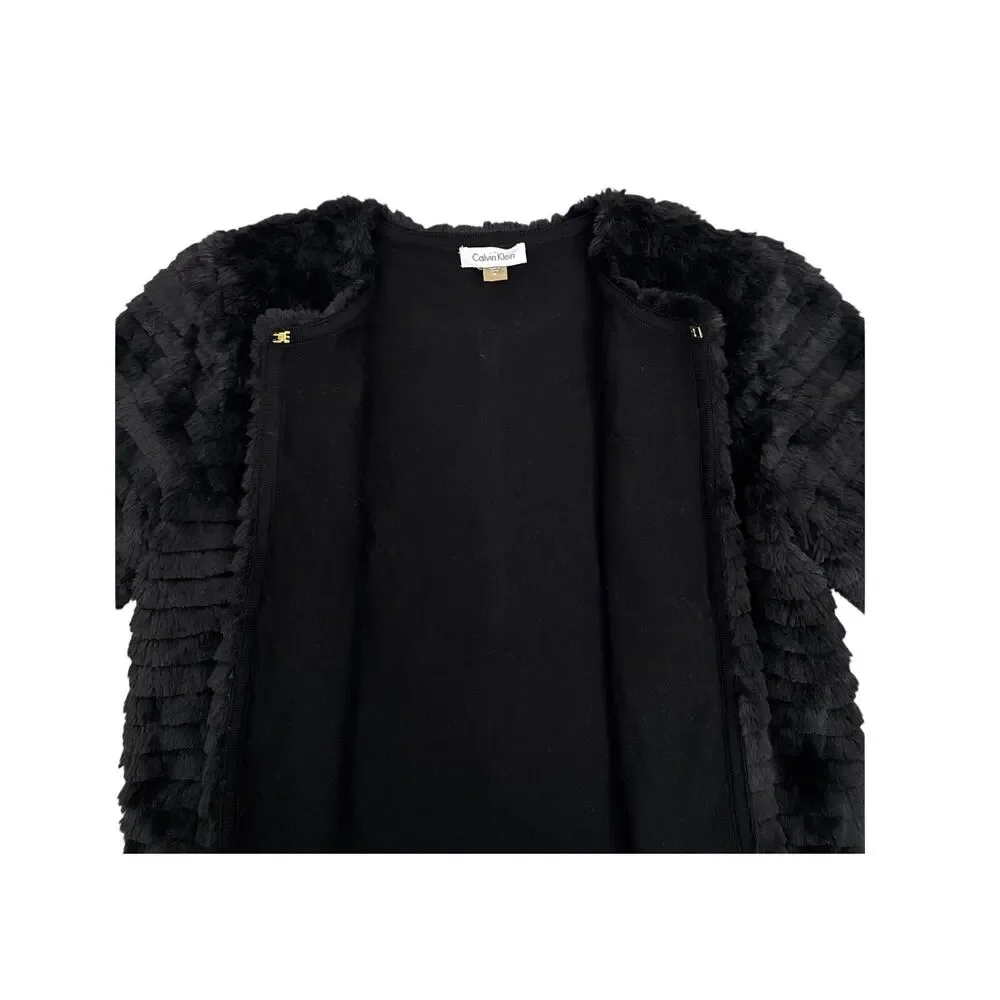 Calvin Klein Black Faux Fur Coat Plush Crop Layering Versatile Jacket Medium